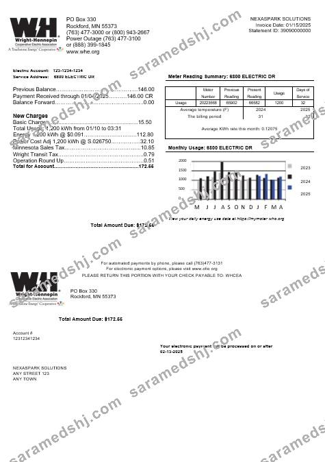 USA Minnesota Wright-Hennepin business utility bill template in Word and PDF formats